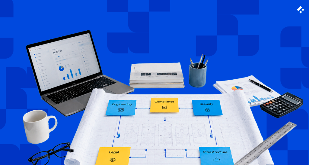 Desk with laptop dashboard, blueprint, and sticky notes labeled engineering, compliance, security, legal, and infrastructure — fintech MVP budget template