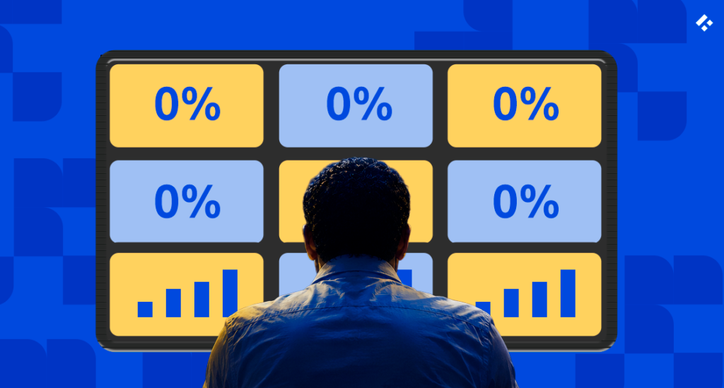 Person facing a dashboard of percentage and chart tiles, representing ways to optimize AI token cost and reduce AI token spend for fintech