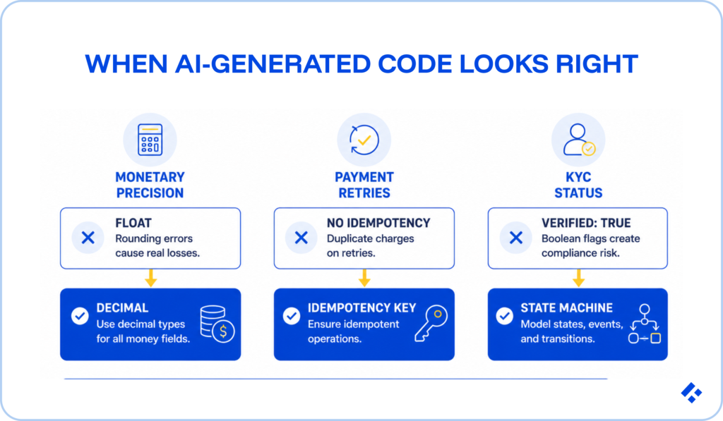 Diagram comparing risky vs. safe AI-generated code patterns in fintech: float vs. decimal for money, missing vs. present idempotency keys for payment retries, and boolean flags vs. state machines for KYC status