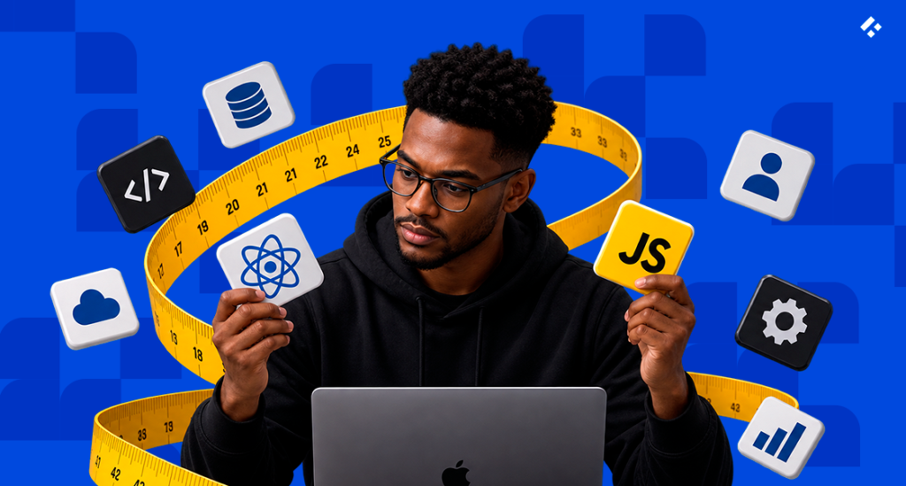 Developer at a laptop surrounded by tech icons and a measuring tape, representing how to evaluate custom software development companies