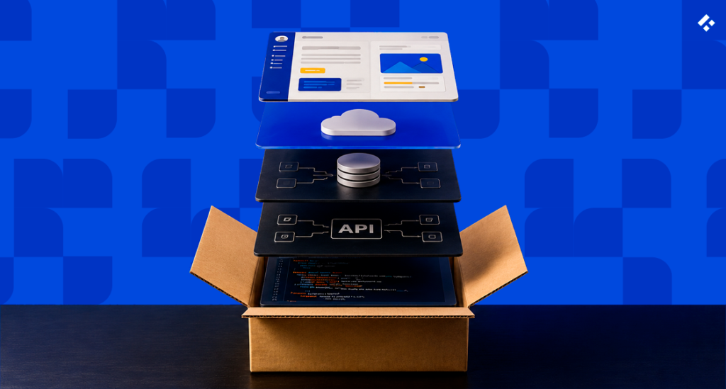 Layered tech stack of UI, cloud, database, API, and code floating out of an open box, representing what's included in custom software development services