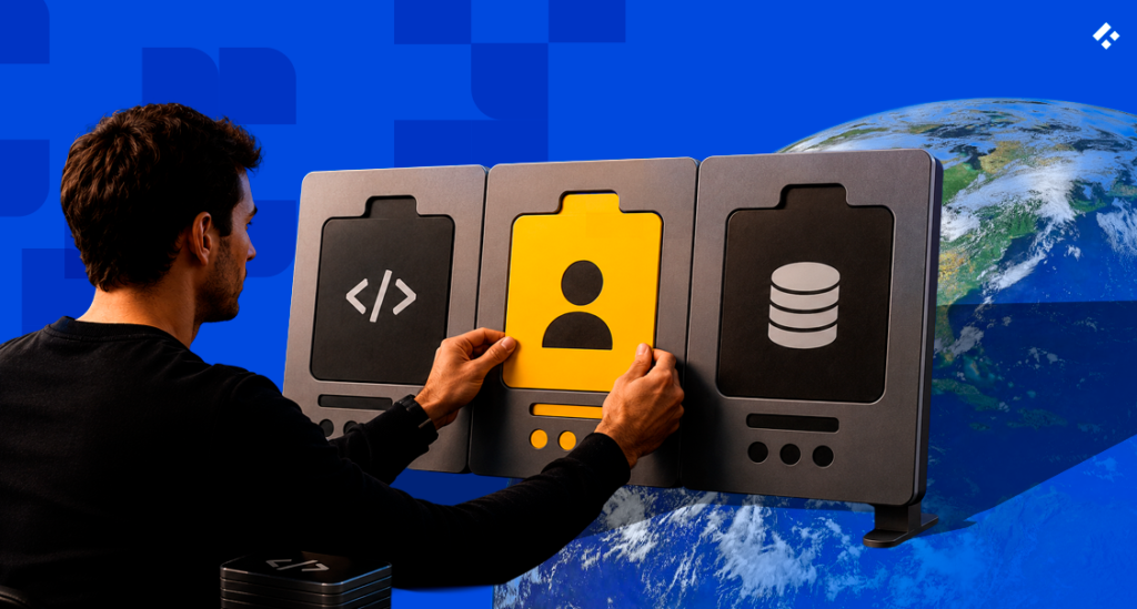 Hand selecting a person icon among code and database modules over a globe, representing a practical guide to choosing the right custom software development team