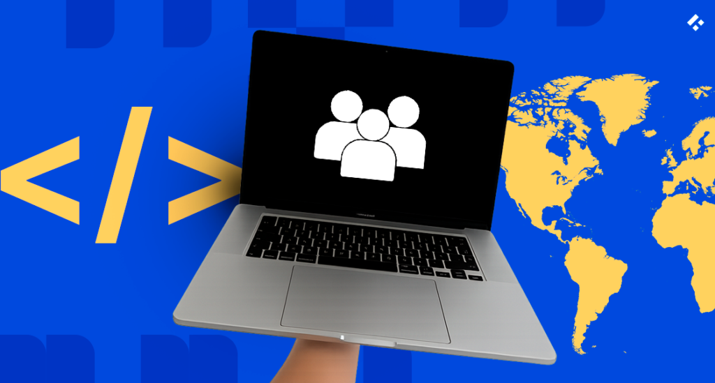 Hand holding a laptop with a team icon in front of a world map, representing onboarding nearshore engineers into a fintech sprint