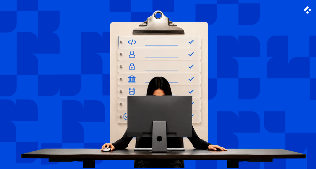 Person working at a monitor in front of a checklist covering code, identity, security, banking, and data, representing a Section 1033 open banking engineering readiness checklist