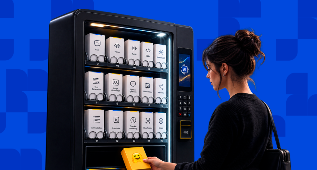 Woman selecting a smiley-face box from an AI model vending machine stocked with LLM, vision, audio, and code options, illustrating what Hugging Face is