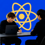Two engineers in an interview at a table with the React logo overhead, illustrating what to ask a React developer when hiring for fintech