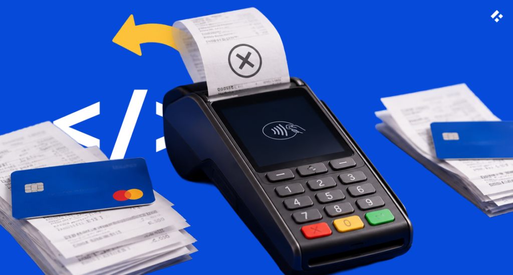 Payment terminal printing a receipt marked with an X beside stacks of receipts and cards, representing chargeback management and dispute handling