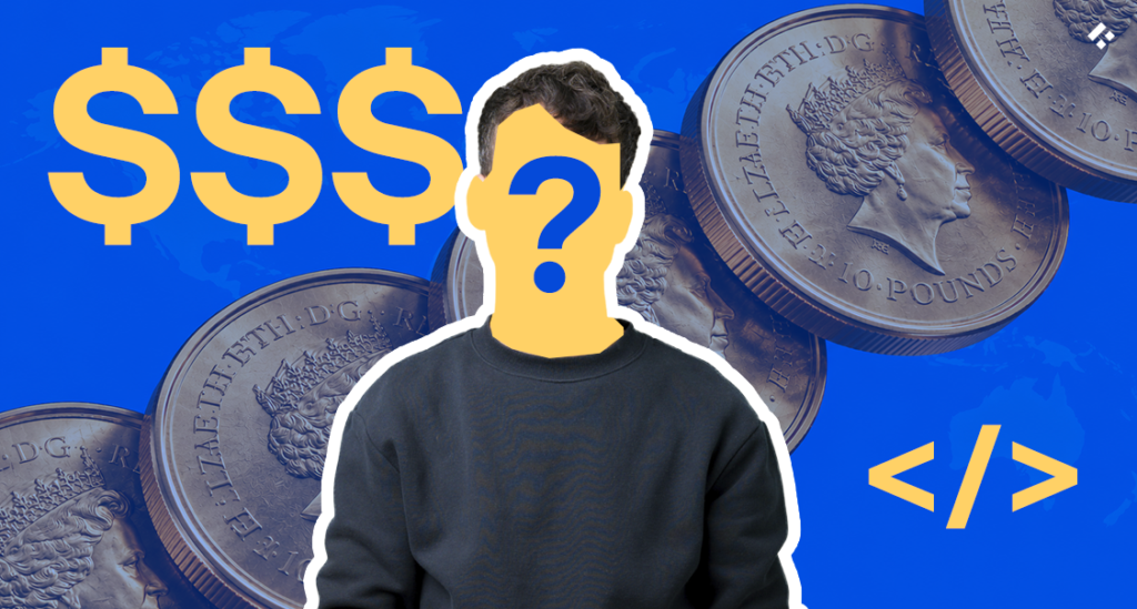 Faceless figure with a question mark over the face, dollar signs, and coins in the background, representing how much an Employer of Record costs