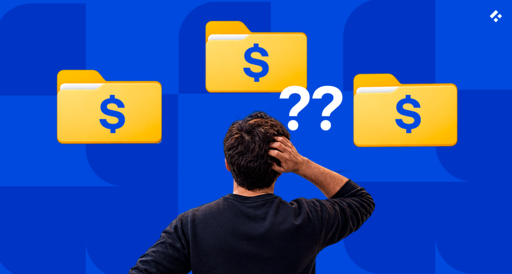Person scratching their head in front of three dollar-sign folders, choosing between merchant of record, PayFac, and payment processor models