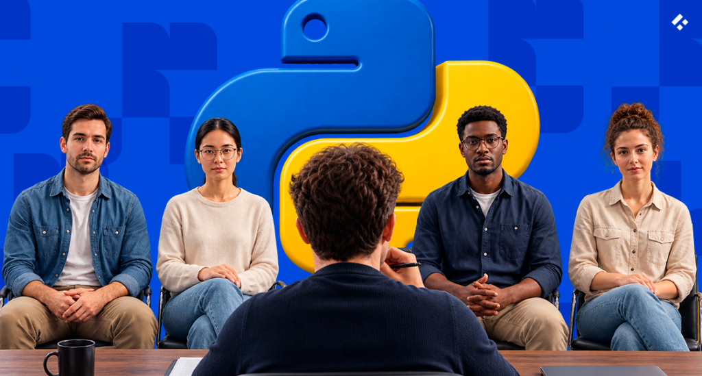 Four candidates being interviewed at a table in front of the Python logo, representing what to know before outsourcing Python development