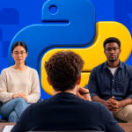 Four candidates being interviewed at a table in front of the Python logo, representing what to know before outsourcing Python development