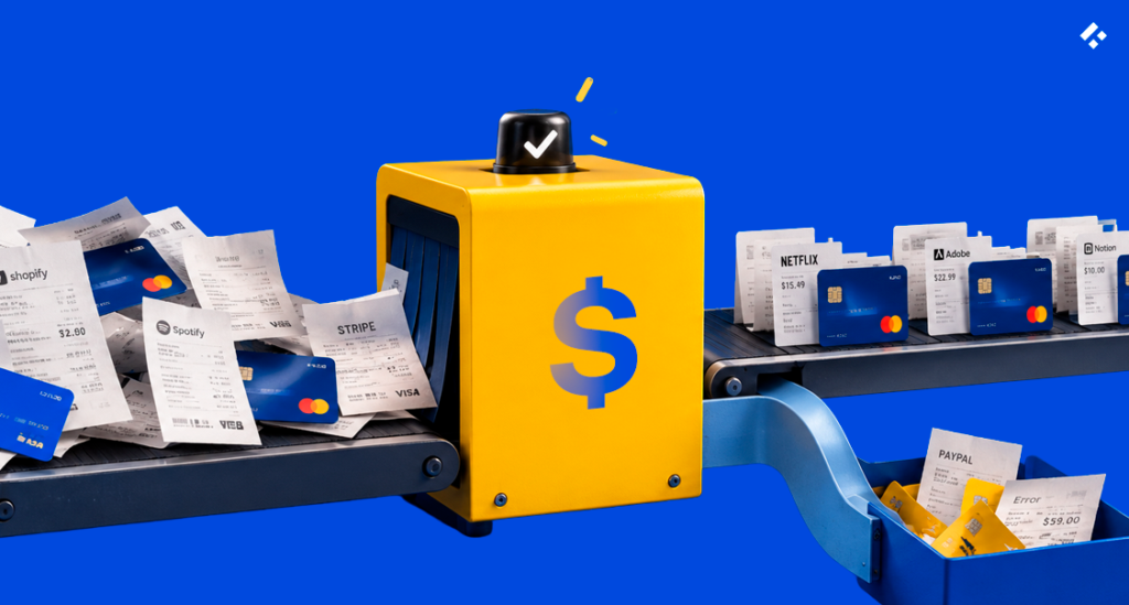Illustration of a payment reconciliation machine sorting receipts and cards, automatically matching transactions and flagging errors