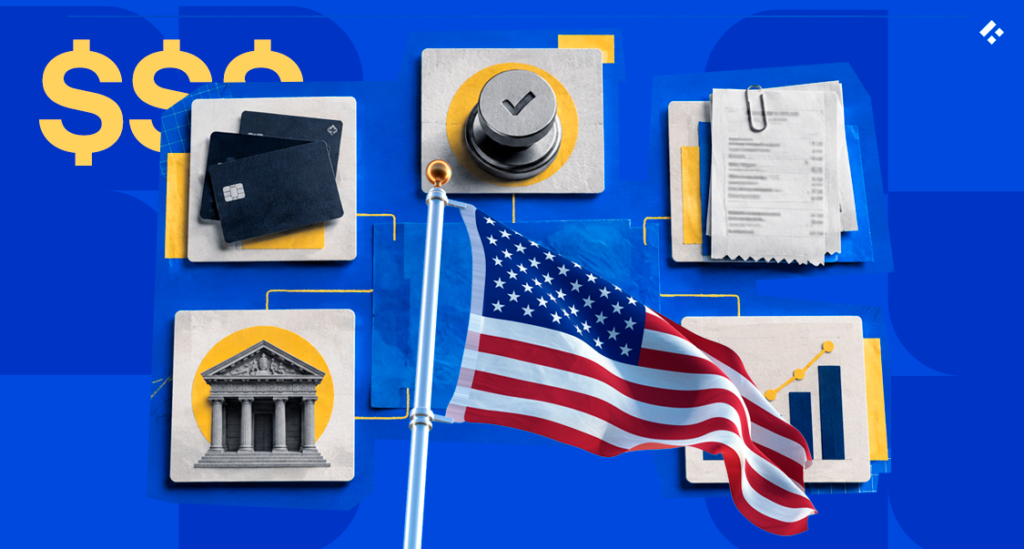 American flag surrounded by icons for cards, a bank, receipts, and spend charts, representing the types of US spend management platforms in 2026