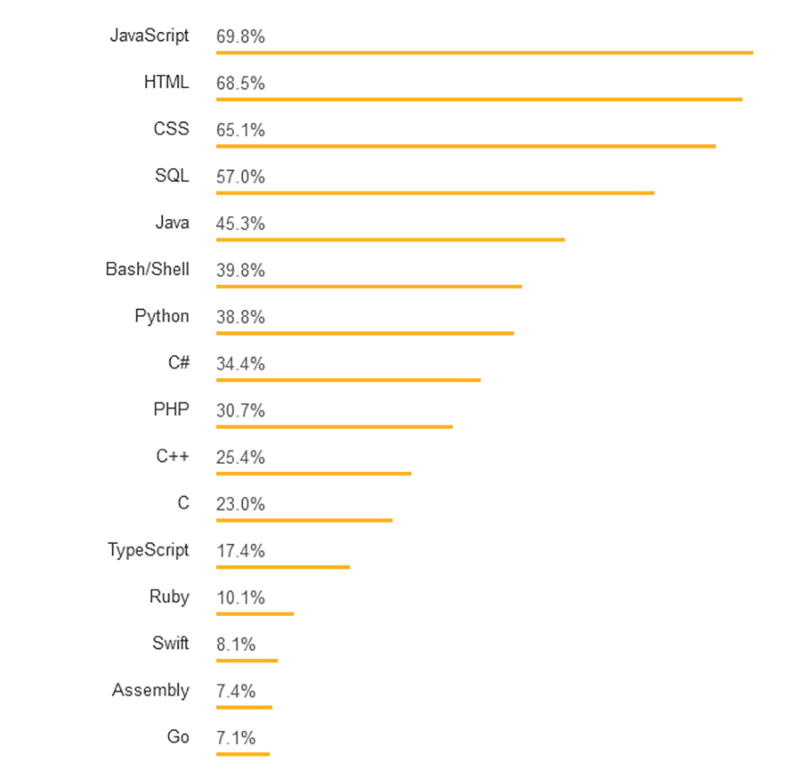 Most popular programming languages by percentage.