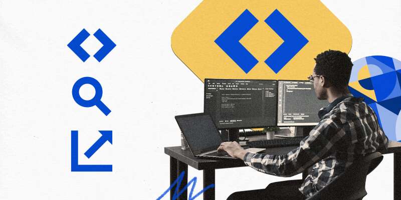A man seated at a desk with dual monitors, displaying code, with graphic design elements in blue and yellow around him.