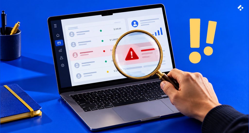 A magnifying glass over a computer screen indicating the investigation involved in fraud detection.